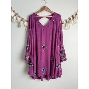 Free People Oxford Embroidered Fuscia Floral Mini Dress Boho Coquette Beachy S